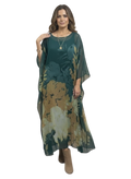 Woman wearing a green floral dress on a white background